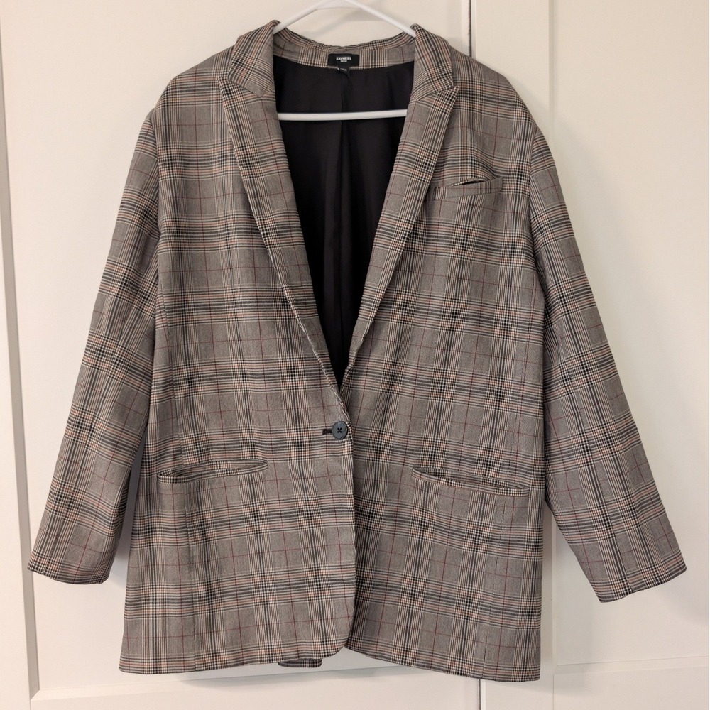 Express Editor Womens XL Glen Plaid Blazer Single Button Gray Red Check Jacket